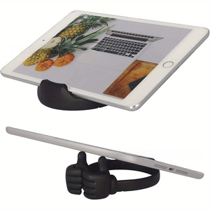 Black thumbs-up phone and tablet stand showing side structure and horizontal support