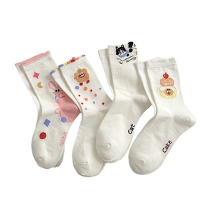 Lot de chaussettes blanches en coton avec motifs mignons de chat, lapin et ours