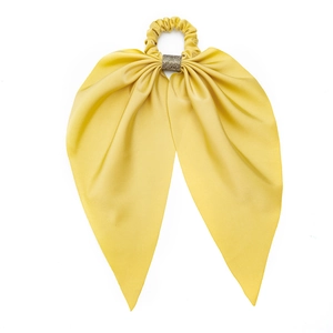 Elegant yellow satin hair scrunchie with large bow and sparkling rhinestone detail
