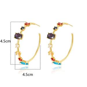 Luxurious gold C-shaped hoop earrings with colorful zircon stones, 4.5cm size