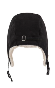 Close-up of winter aviator hat back showing suede texture and silver metal adjustment buckle