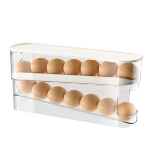 Double-layer rolling egg storage container with white lid for refrigerator organization