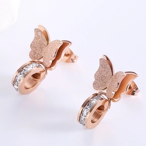 Frosted butterfly drop earrings in rose gold with sparkling zircon crystals for women