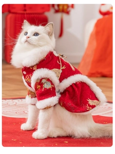 Detailed view of red Tang suit for cats with gold crane embroidery and white faux fur trim