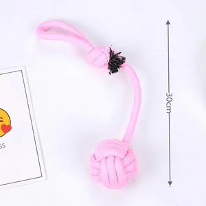 Pink braided cotton pet chew toy with handle and solid ball knot for small dogs 30cm