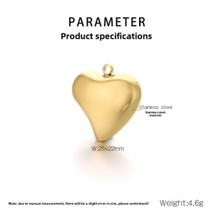Polished gold heart charm detail showing 25x22mm dimensions and 4.6g weight metrics