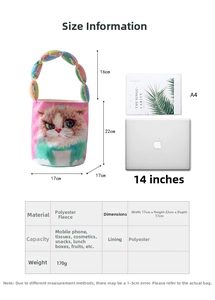 Detailed size guide and capacity chart for the cartoon bucket bag with dimensions