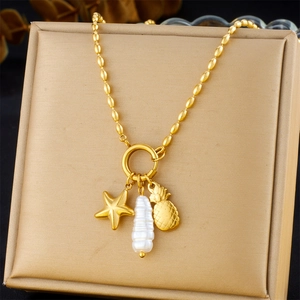 Starfish Pineapple Pendant Necklace Gold Plated Stainless Steel With Artificial Baroque Pearl Bead Chain Summer Beach Women Jewelry