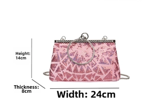 Pink sequin evening bag dimensions detail showing 24cm width and rhinestone ring handle