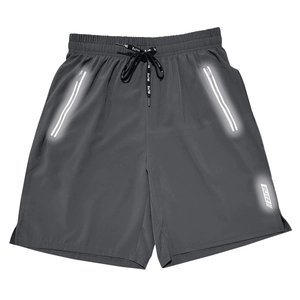 Detail of dark grey quick-dry sports shorts with reflective BUTZ logo and drawstring waist