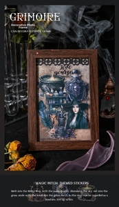 Macro detail of Magic Witch theme stickers featuring vintage gothic illustrations and bottles