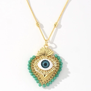 18k gold heart-shaped evil eye pendant necklace with green beads for women