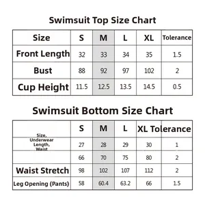 Detailed size chart for women's bikini set including S to XL dimensions and measurements