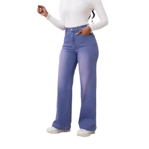 Pantaloni denim a vita alta da donna a gamba larga color lavanda chiaro con taglio dritto
