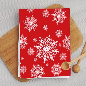 Christmas Santa kitchen dishcloth with white snowflake patterns on red microfiber fabric