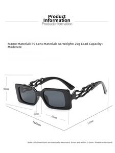 Detailed size chart showing dimensions for retro square hollow leg PC frame sunglasses