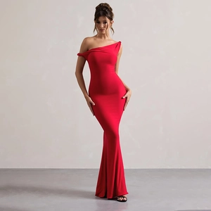 Front view of an elegant red off-shoulder fishtail evening dress with slim fit tailoring
