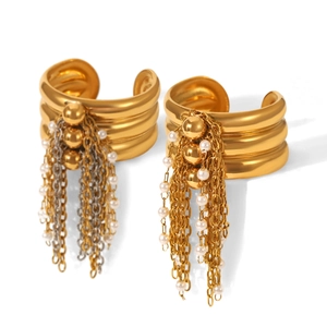 Boucles d'oreilles dorées en acier inoxydable avec perles blanches et pompons à chaînes
