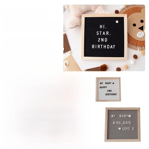 Detail of wooden felt letter board with customizable plastic characters and symbols