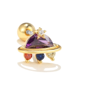 Golden planet earring with purple triangle stone and colorful dangling zircons