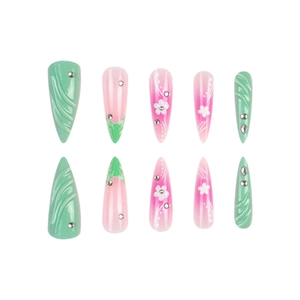 Pink and green press-on nails with 3D spiral texture and floral diamond accents