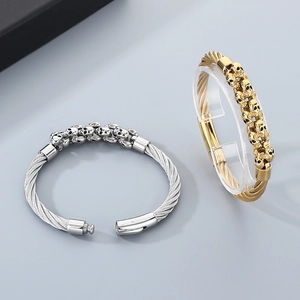 Men's punk skull cable wire bracelets in silver and gold stainless steel finish