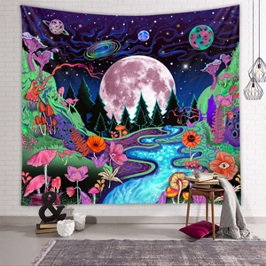 Trippy forest mushroom tapestry with pink full moon for aesthetic room wall decoration