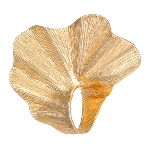Golden ginkgo leaf ring with irregular pleated texture in a minimalist metallic design