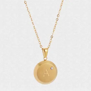 Round Pendant Necklace Stainless Steel Initial Letter With Rhinestone Fashion 18K Gold Plated Jewelry For Women