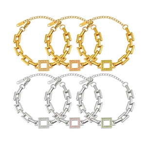 Luxe stainless steel geometric link bracelets with square zircon crystals in multiple colors