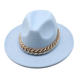 Detail of light blue wool fedora hat featuring a chunky gold metal chain decoration