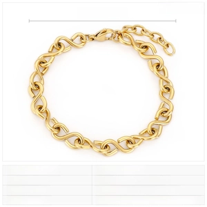 Detail view of a gold infinity link chain bracelet with lobster clasp and sizing metrics