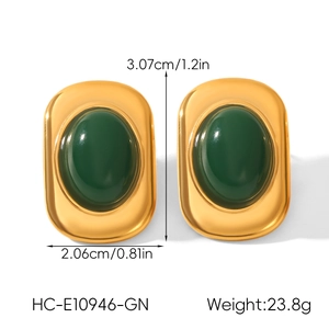 Detail view of gold earrings with green oval gemstones and precise product dimensions