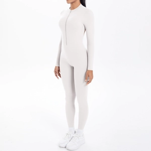 Detail of slim fit long sleeve bodysuit featuring front zipper and high collar design