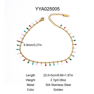 Detailed specs of golden 304 stainless steel anklet with colorful water drop charms