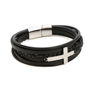 Black multilayer braided leather bracelet with silver cross and magnetic clasp