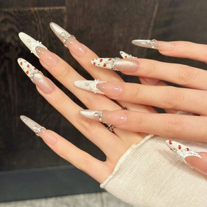 Handmade cat eye press-on nails with k9 crystals and elegant white lace relief