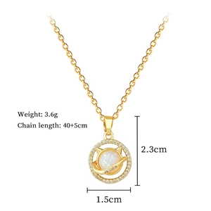 Detailed specs of cat planet necklace with 40+5cm chain and 2.3x1.5cm sparkling pendant