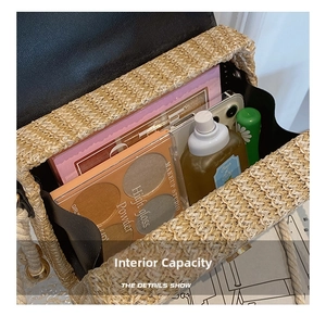 Detail view of woven saddle bag interior showing large capacity for makeup and phone