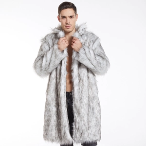 Macro detail of the grey and white faux fur texture on a men's long winter coat