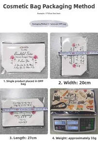 Detailed views of linen makeup bag dimensions and weight with spider web and floral print