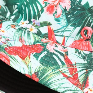 Close-up of tropical flamingo and palm leaf pattern with durable double-stitched seams