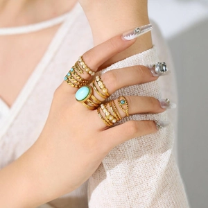 Stainless Steel Adjustable Ring Turquoise Natural Stone Artificial Pearl Open Geometric Hollow Braided Vintage Bohemian Jewelry For Women