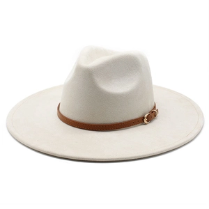 Close-up of oatmeal wool felt fedora with a brown leather belt and gold buckle detail
