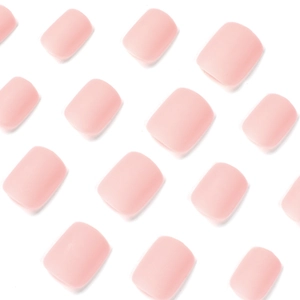 Short square macaron pink matte press-on nails displayed on a clean white background