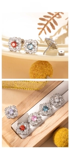 Macro detail of retro flower ear studs with sparkling zircons and secure screw back