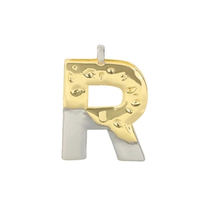 Two-tone letter R pendant with gold melting texture and silver polished finish necklace