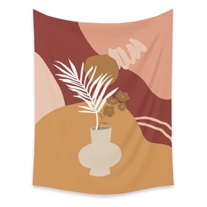 Detail of bohemian tapestry featuring abstract vases and leaves in warm earthy tones