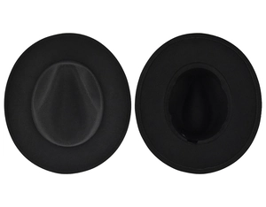 Close-up of black wool fedora with top indent and interior view on white background
