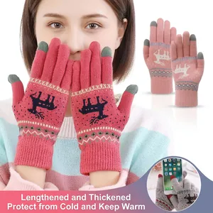 Winter Knit Gloves Touch Screen Warm Thickened Thermal Mittens Deer Animal Smiley Face Pattern Outdoor Cycling For Men Women